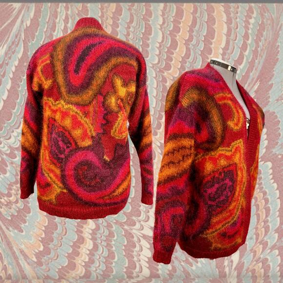 Vintage 80s Linda Allard for Ellen Tracy Mohair Fuzzy Boho Cardigan Sweater Sz M - Picture 3 of 4